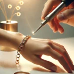 A beautiful and stylish image showcasing permanent jewelry in a positive light. The image features a close-up of a delicate gold chain bracelet being