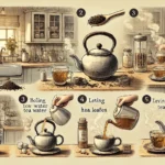 DALL·E 2024 08 17 21.54.16 A detailed illustration of making the perfect cup of tea. The scene is set in a cozy kitchen with a wooden countertop. Steps are illustrated clearly The Quest for the Perfect Cup of Tea Walter White